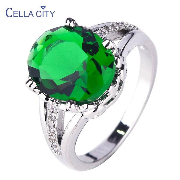 

cellacity charms women's ring silver 925 jewelry oval gemstone emerald trendy design female anniversary gift concise size6-10 cluster r, Golden;silver