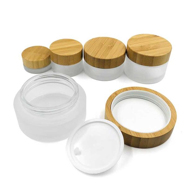 

5/15/30/50g frosted glass cosmetic cream jar with natural bamboo lid empty packaging for powder face foot body health storage bottles & jars