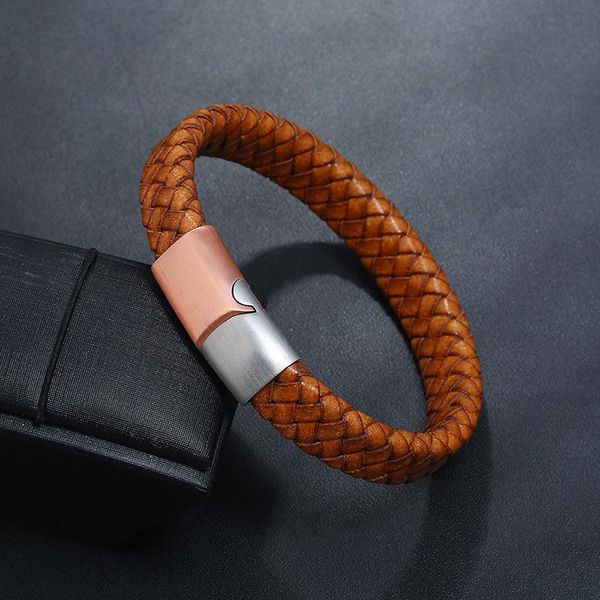 

tennis braided leather bracelet men trendy stainless steel magnet wrap bracelets&bangles jewelry, Golden;silver