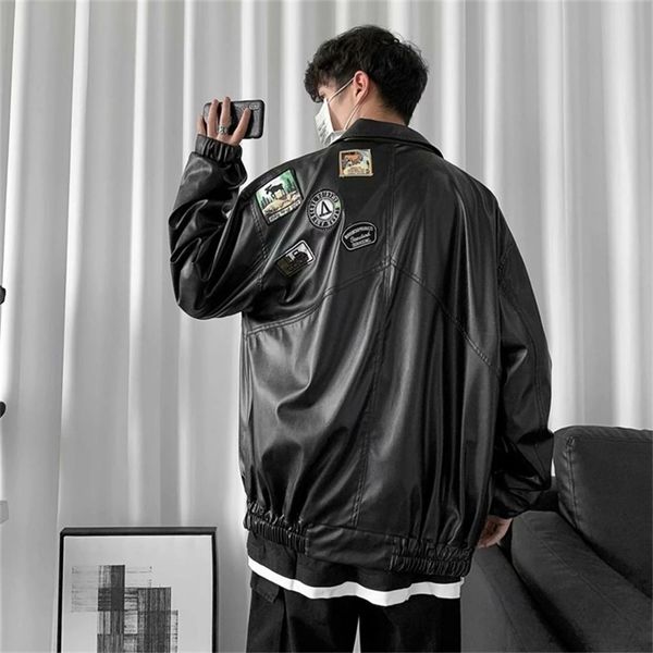 

men's loose baseball outerwear pu leather trench clothing russian motorcycle jacket loose hip hop style coat size s- 211118, Black