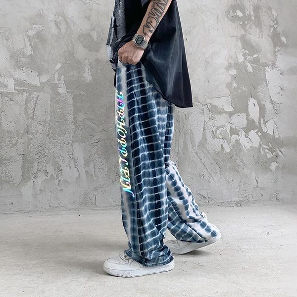 

men's pants high street tie-dye wide leg reflective letter printing tide brand waist loose straight casual men, Black