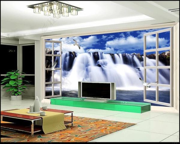 Foto personalizzata Sfondi per pareti 3D murali Bella finestra moderna waterfall cascata TV sfondo carte da parete decorazione della casa pittura