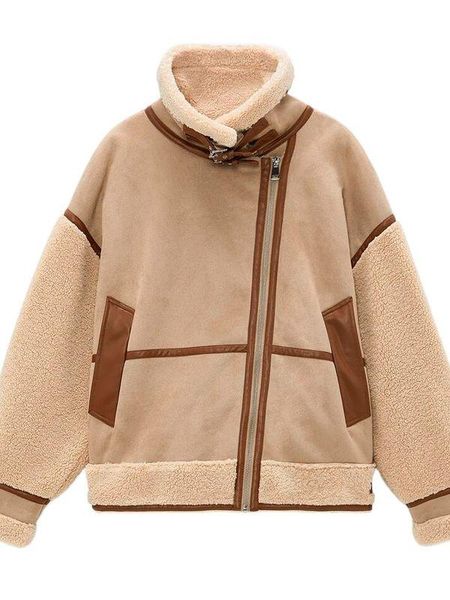 

women's leather & faux winter women thick warm vintage patchwork suede lambswool biker jackets coat chic loose outwear female overcoat, Black