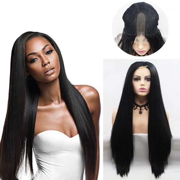 

24inches long straight black wig for women natural looking synthetic fiber middle part frontal lace wigs daily party1