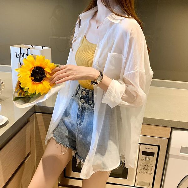 

women's blouses & shirts shirt long sleeve anti ultraviolet breathable 2021 summer super fairy versatile cardigan thin coat, White