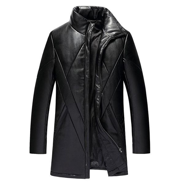 

men's fur & faux leather down jacket men winter coat stand collar warm fashion handsome slim medium length environmental safety, Black