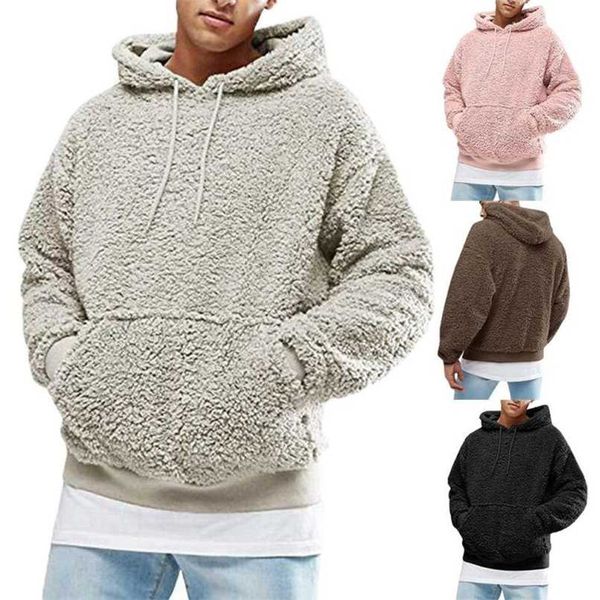 Warmer Kunstpelz-Fleece-Hoodie für Herren mit Kapuze, lässiger Pullover, Herrenbekleidung, einfarbig, Streetwear mit Kängurutaschen, 211014