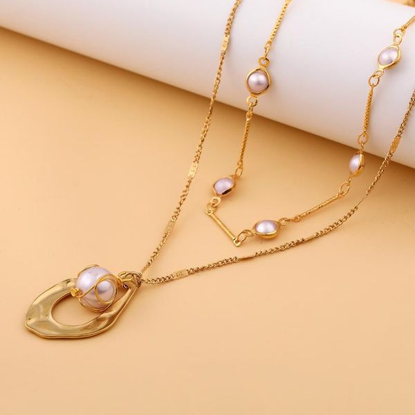 

korean version of jewelry fashion irregular hollow geometry sweet pendant ladies personality double-layer pearl necklace necklaces, Silver