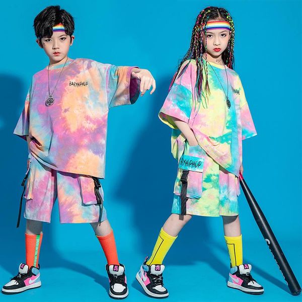 

stage wear kid summer hip hop clothing graphic tee tie dye oversized t shirt streetwear cargo shorts dance costume clothes for girl boy, Black;red