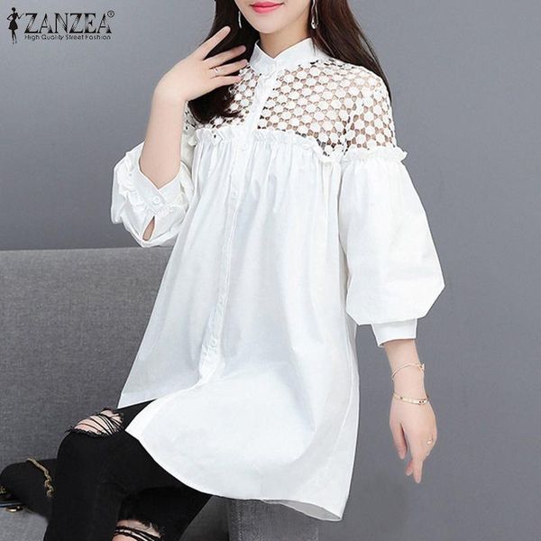 

fashion lace patchwork shirts women spring hollow blouse casual puff sleeve blusas female button tunic plus size women's blouses &, White