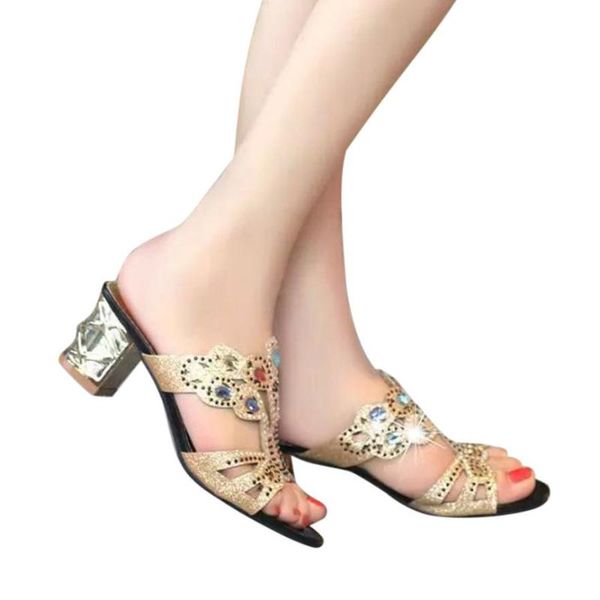 

summer slippers women 2021 fashion big rhinestone high heel sandals ladies beach sandal 4.12, Black