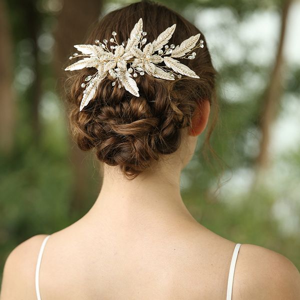 

delicate wedding hair crown women clip light gold leaf bridal tiara hand wired party prom headpiece hair accessories w0104, White;golden