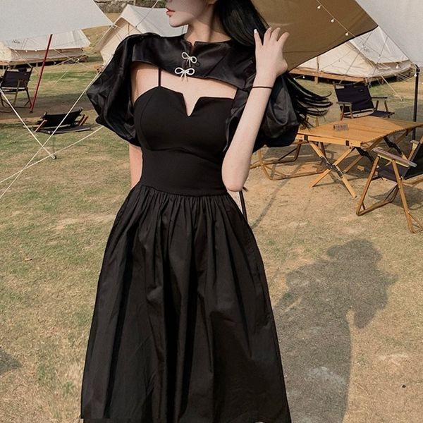 

2021 summer black party dresses women korean fashion vintage midi dress office ladies bow evening 2 piece set y2k, White;black