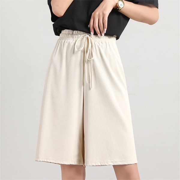 

sale summer drawstring loose high waist shorts women elasticity black wide leg breathable quick dry 210604, White;black