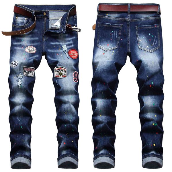 

jeans street style men's paint throwing, thread disordered embroidery, chaplet decoration, hole elastic patch, small straight tube , me, Blue