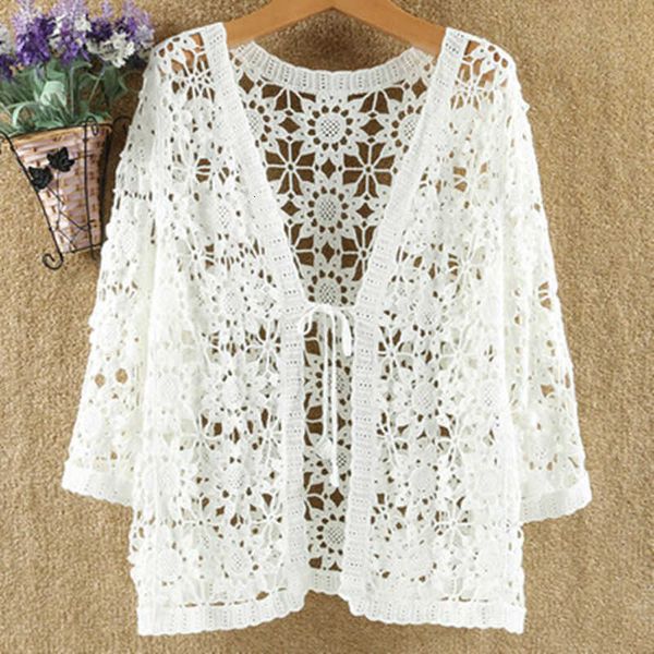 

women's knits & tees hollow out knitted cardigan summer v-neck beach sunscreen knitt thin coat outerwear sun protection gmpl, White