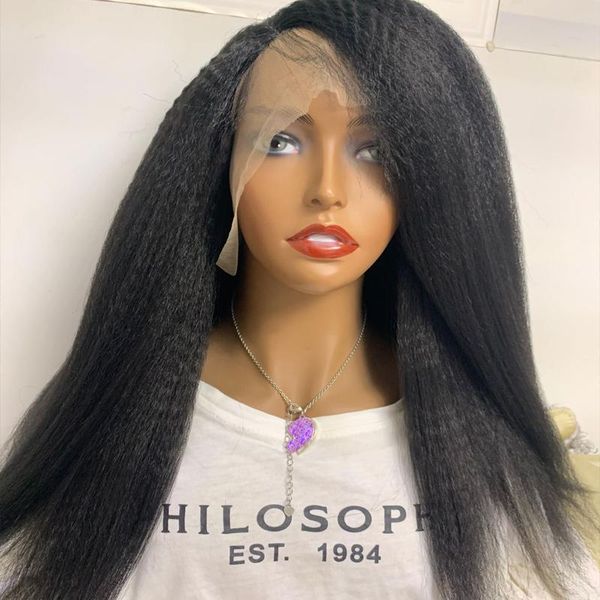 

synthetic wigs 26inch 1b color lace front yaki straight wig kinky fake hair frontal fringe for women, Black