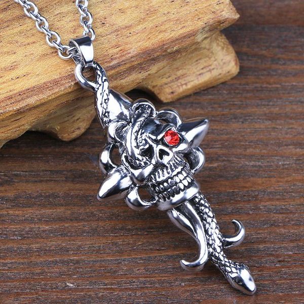 

pendant necklaces trendy men's cross personality retro jewelry domineering ghost sword and sad skull necklace, Silver