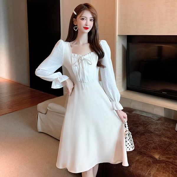 

casual dresses early autumn women's tea break first love long skirt spring and square collar gentle wind french waist dress, Black;gray