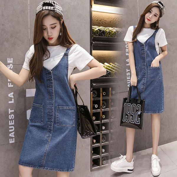 

woman plus size denim dress 2021 korean style knee-length spaghetti strap a line overall fashion sundress casual dresses, Black;gray