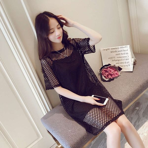 

women's tracksuits tracksuitshollow out dress summer suit women's loose small suspender skirt short sleeve perspectivesmock two pi, Gray