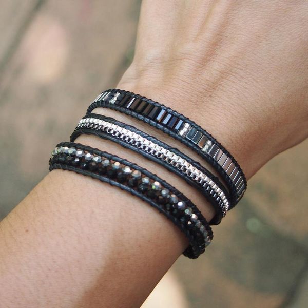 

tennis boho black crystal mixed stainless steel box chain beadwork triple 3 wraps men bracelet jewelry, Golden;silver