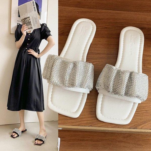 

slippers rhinestone fashion brand pleated slides flat casual flip flops summer sandals bling crystal shoes women runway, Black