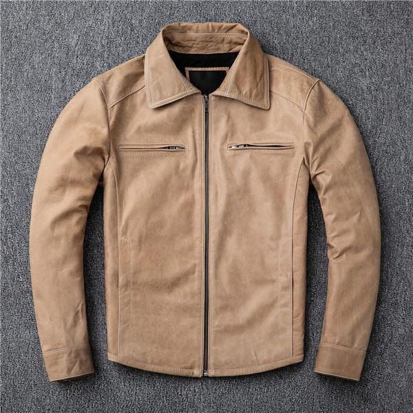 

men's leather & faux gu.seemio factory sheep skin jacket motorcycle genuine coat oil wax outer wear garment suit slim, Black