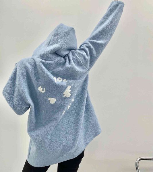 

brand hoodie correct autumn and winter new ny letter embroidered back funny pattern lamb wool loose hooded sweater for lovers, Black