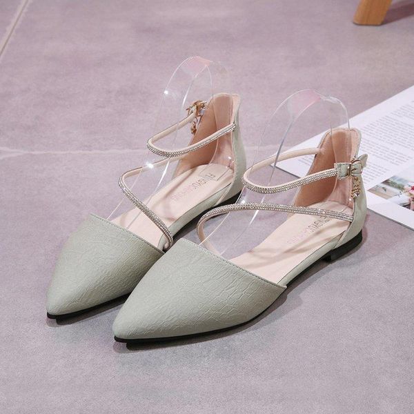 

sandals 2021 summer pointed toe women's leather crystal flat buckle strap wedding, Black