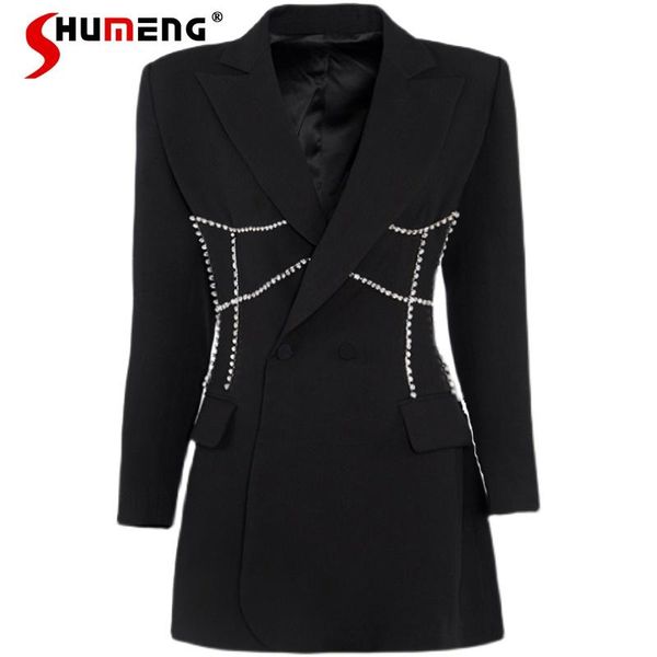

women's suits & blazers 2021 french style design rhinestone slim waist beaded mid-length suit autumn winter fashion office lady slimmin, White;black