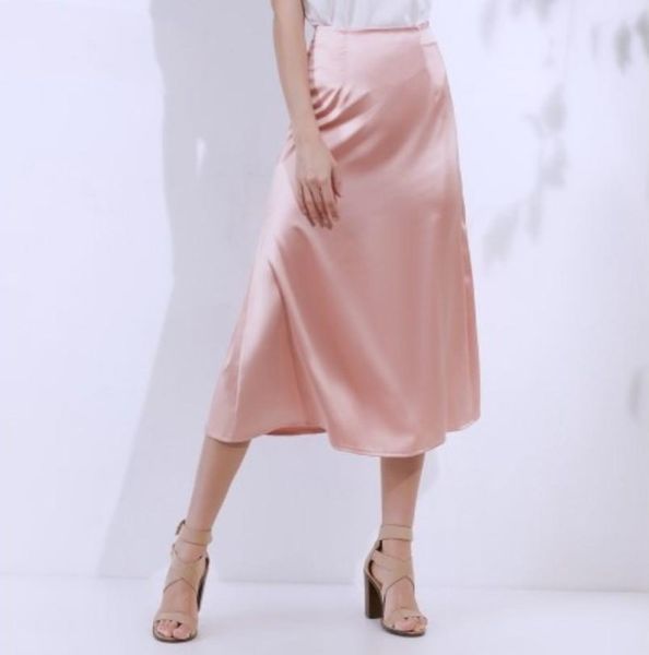 

summer pink green silk womens skirt satin vintage korean style long high waist midi for women a line office skirts, Black
