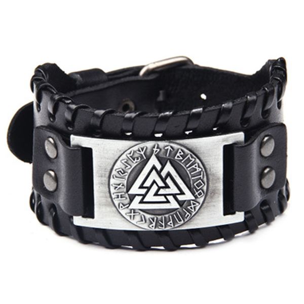 

new retro nordic viking totem men's leather bracelet luen letter alloy leather pu bronze business gifts wholesale, Golden;silver