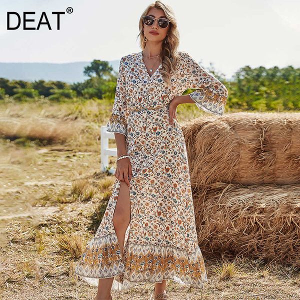 

[deat] summer fashion v-neck high waist flare sleeve knee-length printing loose bohemian style dress women 13c639 210527, Black;gray