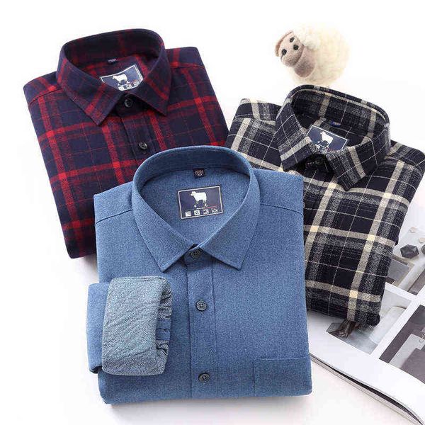 

groom shirt winter warm men's pure wool middle-aged and elderly dad's busins casual plaid shirt, Black
