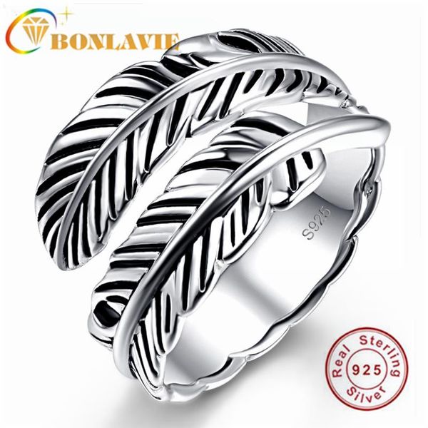

cluster rings bonlavie surrounded by retro feathers 925 silver opening ring for women wedding and engagement, Golden;silver