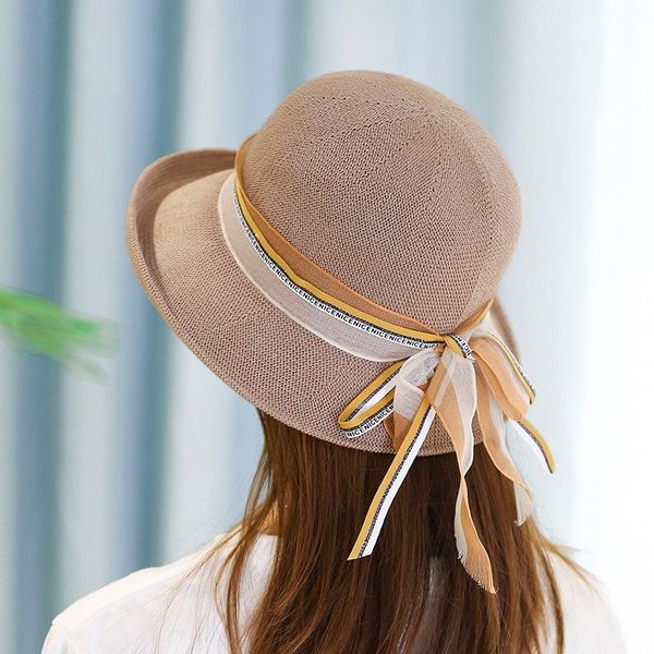 

beanie/skull caps summer light breathable flash silk small pot hat cotton casual women ribbon bow turn eaves knitted foldable, Blue;gray