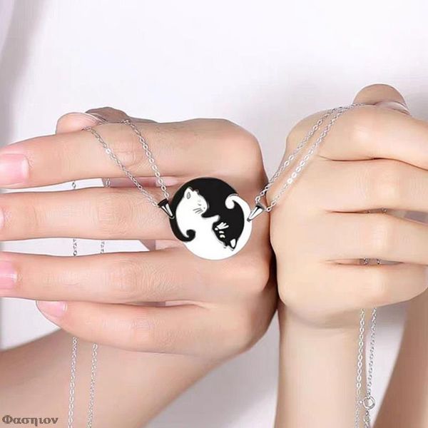 

pendant necklaces two cat couples jewelry necklace black white kitten animal choker women valentine's day thanksgiving gift, Silver