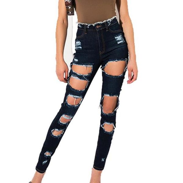 

women's jeans vicabo hole ripped for women stretchy elastic denim pants thin streetwear high waisted slim trouser, Blue