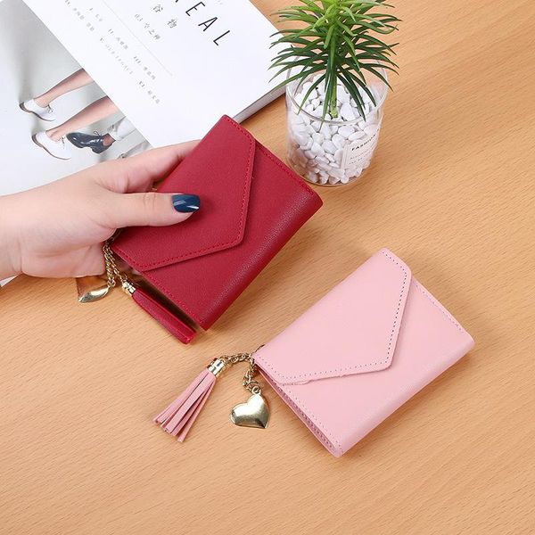 

wallets tassel pendant lychee wallet women pu leather card holder casual coin purse female clutch bag minimalist mujer billetera, Red;black