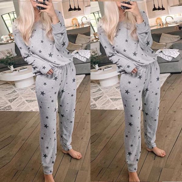 

women's tracksuits fashion casual round neck star print long sleeve home suit gray