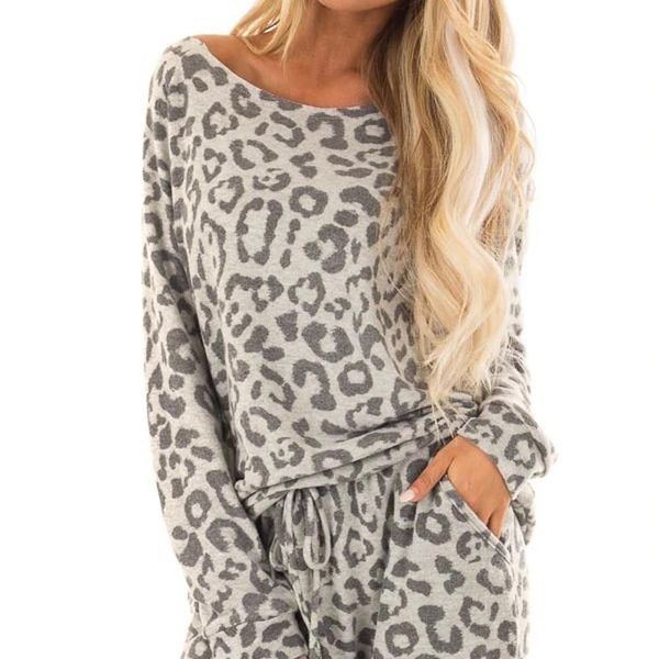 

leopard print women sleepwear two piece sets pajamas tracksuit pants long suit home female femme g2, Black;red