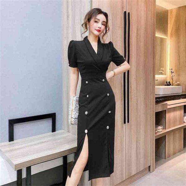 

fashion v neck double breasted dresses women elegant puff sleeve dress sheath casual knee length spring ladies 210603, Black;gray