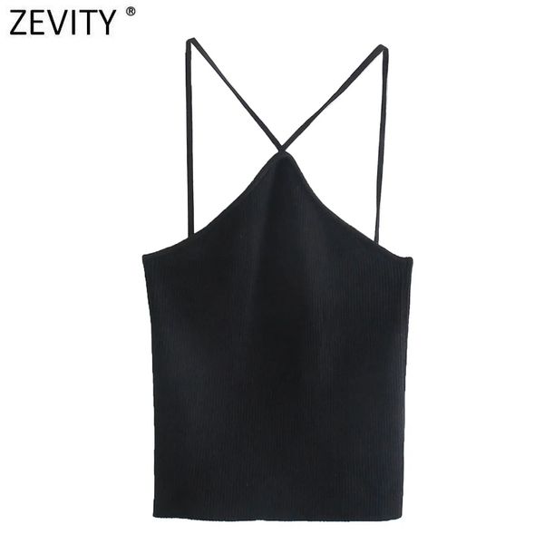 

zevity women spaghetti strap chic black knitting camis tank ladies summer backless cross halter sling crop sw825 210419, White