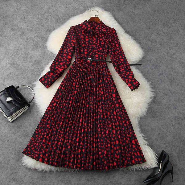 

casual dresses spring long sleeve lapel neck black red / yellow hearts print belted pleated mid-calf dress elegant lj07t11763 py7q, Black;gray
