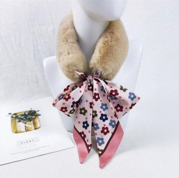 

scarves women faux fur collar scarf floral heart printed plush neck warmer autumn winter long skinny silk shawl wrap foulard, Blue;gray