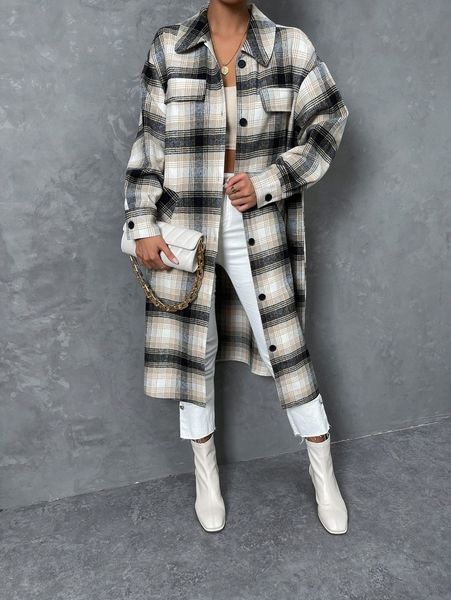 

tartan print drop shoulder overcoat e26z#, Black