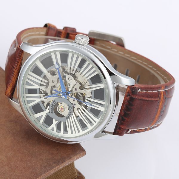 

personalized hollow out automatic mechanical watch men's belt watch, Slivery;brown