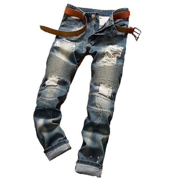 

men's jeans ripped motorcycle pants straight-leg trousers, Blue