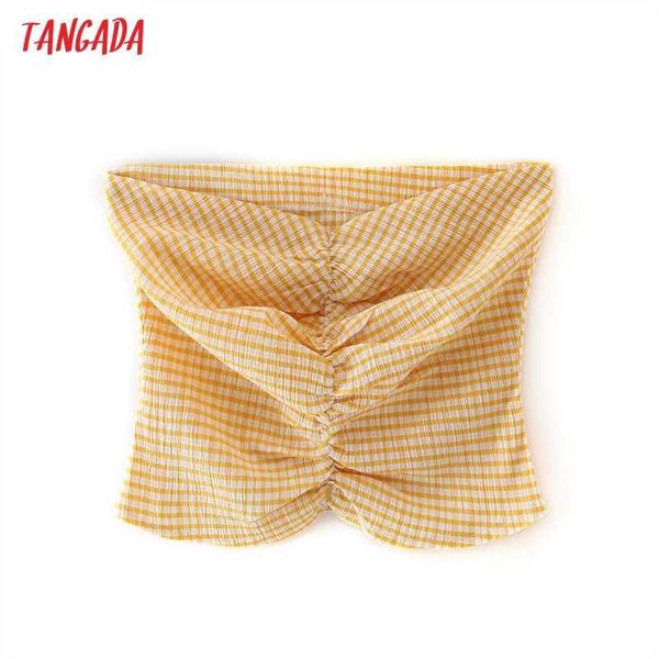 

tangada women plaid bralette camis crop strapless backless short shirts female casual 4t53 210609, White
